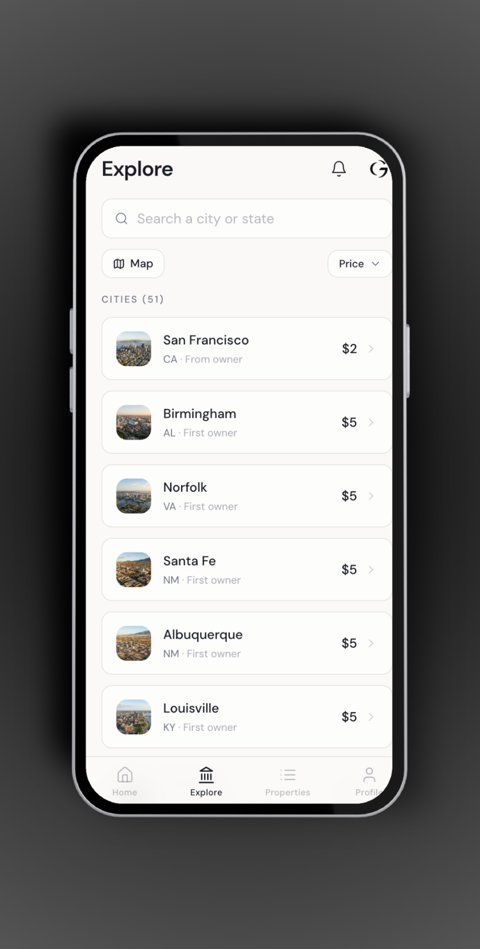 App screen showing a grid of available cities