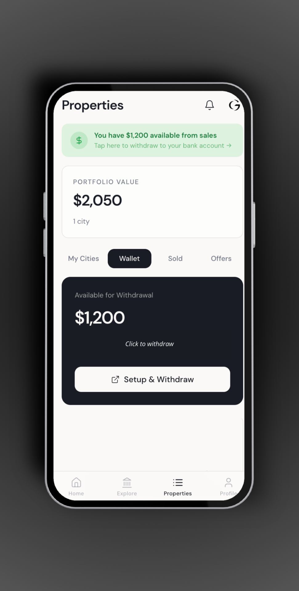 App screen showing earnings and withdrawal