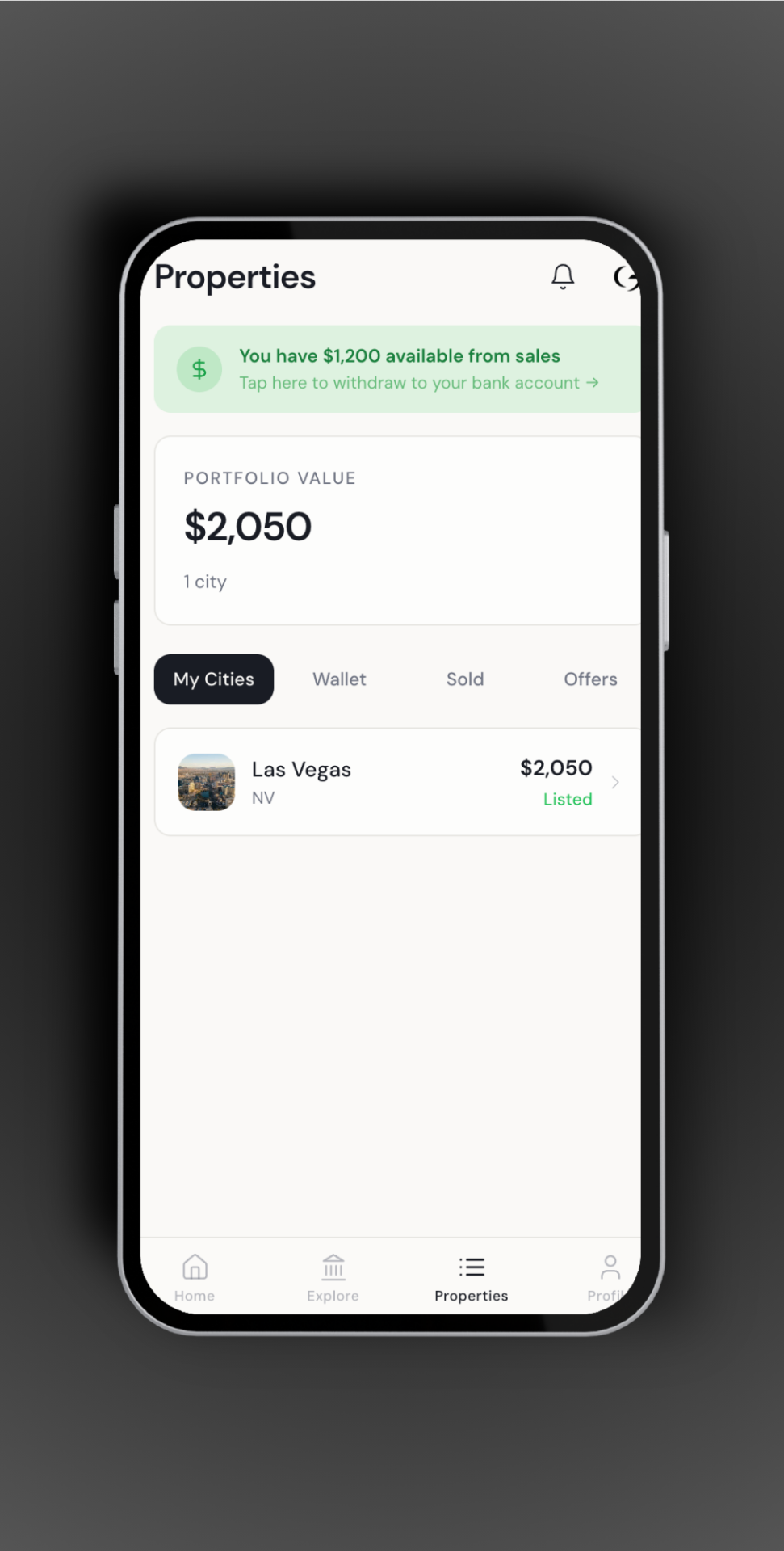 App screen showing the city purchase flow